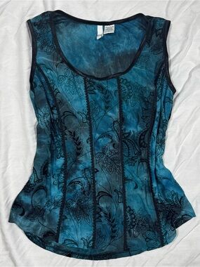 Vintage Y2K Whimsigoth Mesh corset style Tank Top Floral Blue Large fairycore